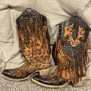 Corral women’s leopard studded and fringe boots snip toe